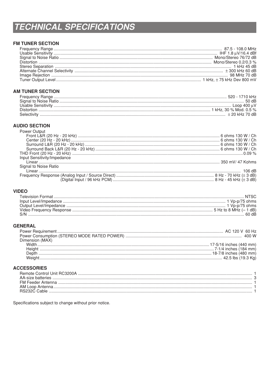 Technical specifications | Marantz SR8200 User Manual | Page 52 / 53