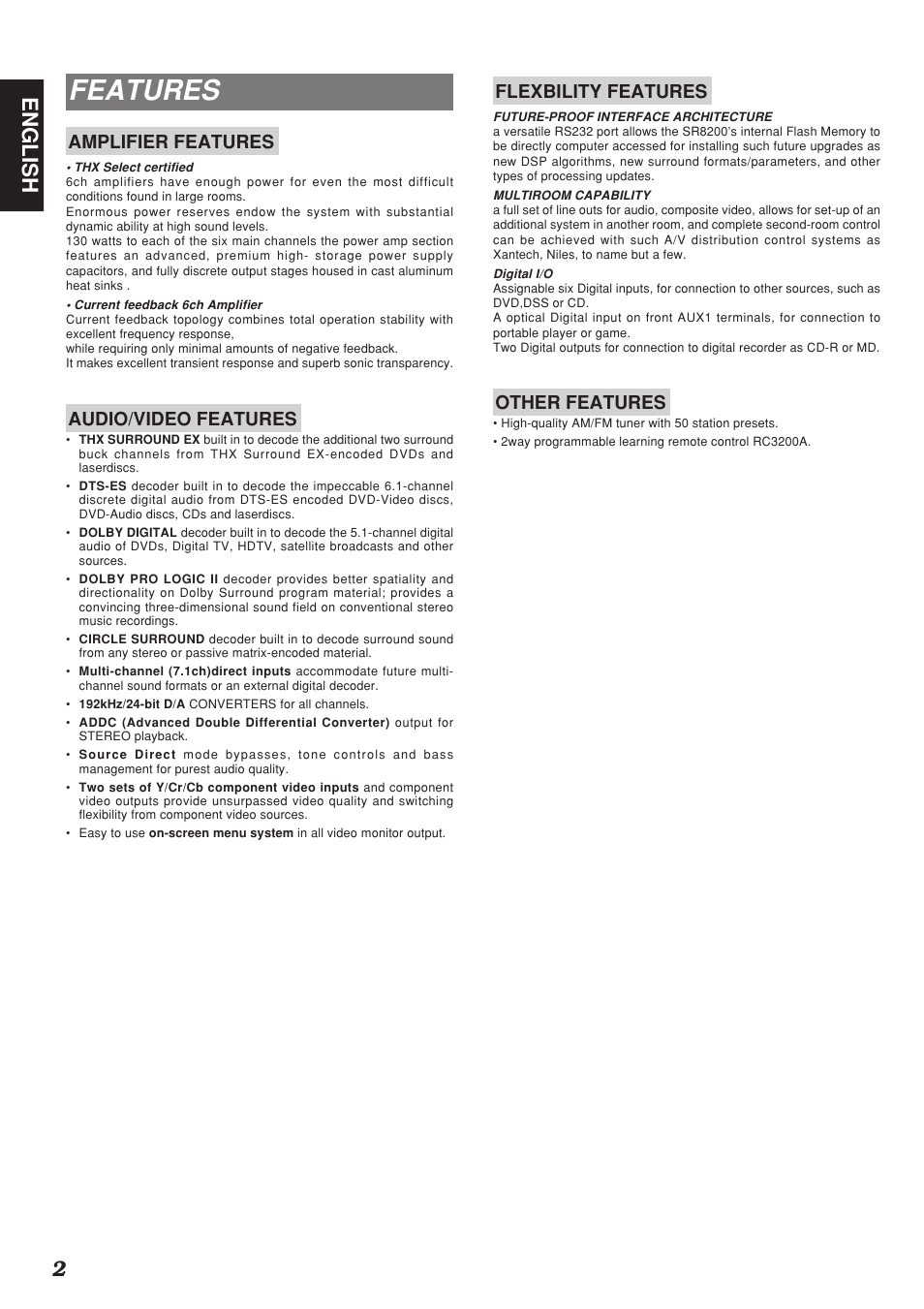 Features, 2english, Amplifier features | Audio/video features, Flexbility features, Other features | Marantz SR8200 User Manual | Page 6 / 53