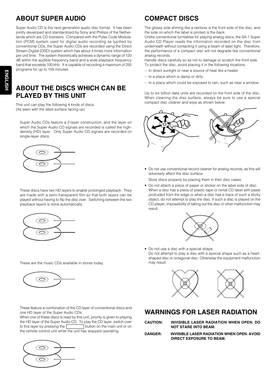 About super audio, About the discs which can be played by this unit, Compact discs | Warnings for laser radiation | Marantz 6264 User Manual | Page 4 / 13