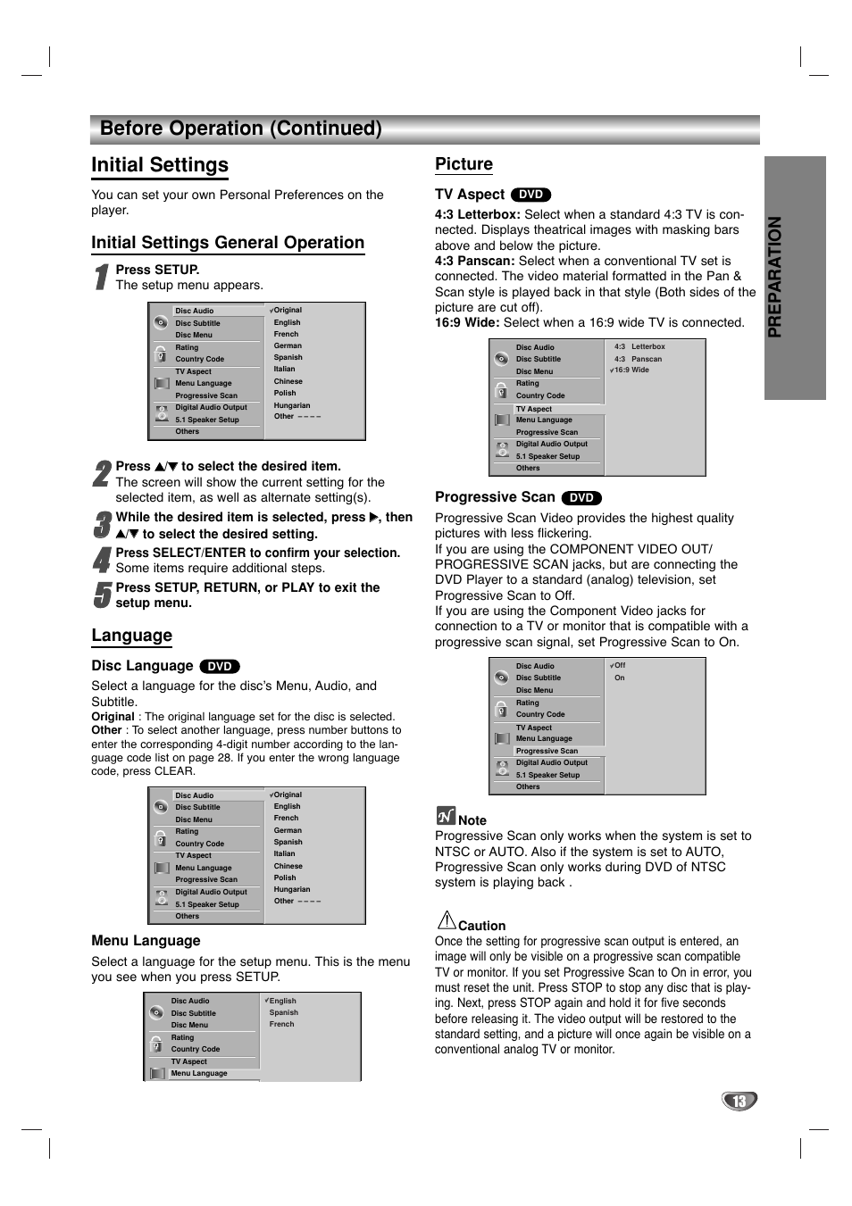 Before operation (continued) initial settings, Prep ara tion, Initial settings general operation | Language, Picture, Disc language, Menu language, Tv aspect, Progressive scan | Marantz VC5400/PMD970 User Manual | Page 13 / 31