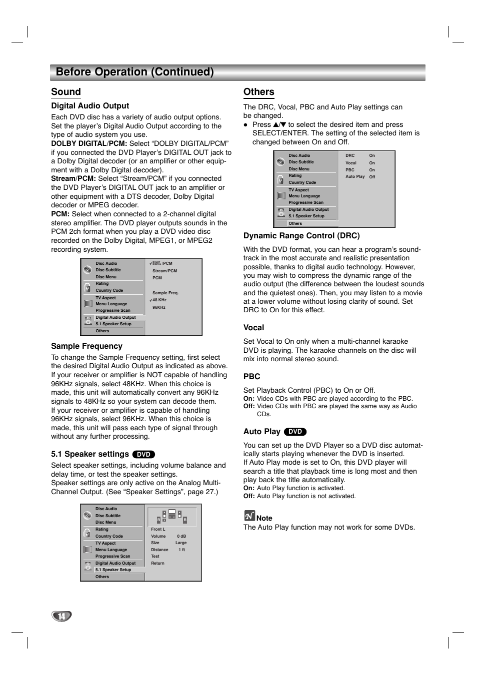 Before operation (continued), Sound, Others | Digital audio output, Sample frequency, 1 speaker settings, Dynamic range control (drc), Vocal, Auto play, Set playback control (pbc) to on or off | Marantz VC5400/PMD970 User Manual | Page 14 / 31