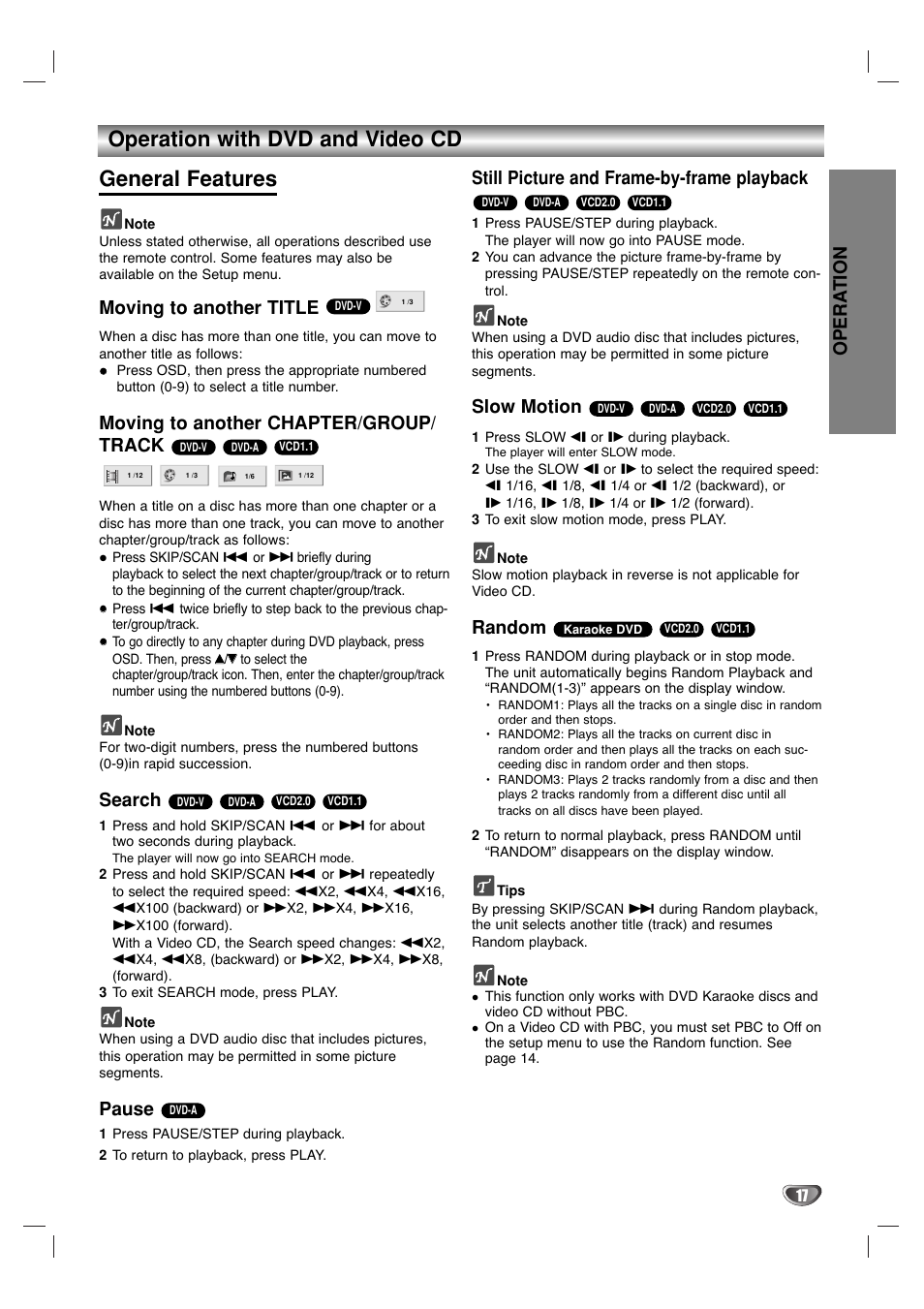 Operation with dvd and video cd general features, Opera tion, Moving to another title | Moving to another chapter/group/ track, Search, Pause, Still picture and frame-by-frame playback, Slow motion, Random | Marantz VC5400/PMD970 User Manual | Page 17 / 31