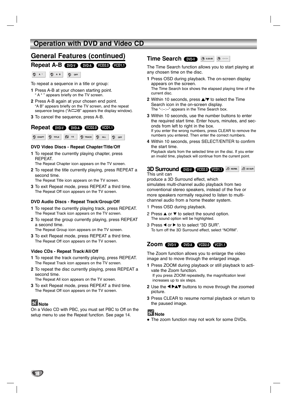 Repeat a-b, Repeat, Time search | 3d surround, Zoom | Marantz VC5400/PMD970 User Manual | Page 18 / 31