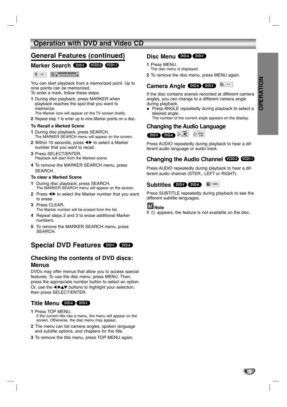 Special dvd features, Opera tion, Marker search | Checking the contents of dvd discs: menus, Title menu, Disc menu, Camera angle, Changing the audio language, Changing the audio channel, Subtitles | Marantz VC5400/PMD970 User Manual | Page 19 / 31