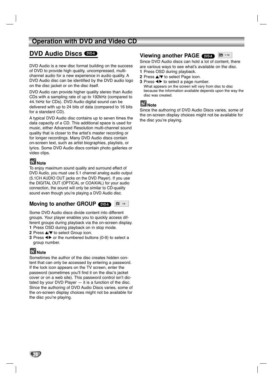 Operation with dvd and video cd dvd audio discs, Moving to another group, Viewing another page | Marantz VC5400/PMD970 User Manual | Page 20 / 31