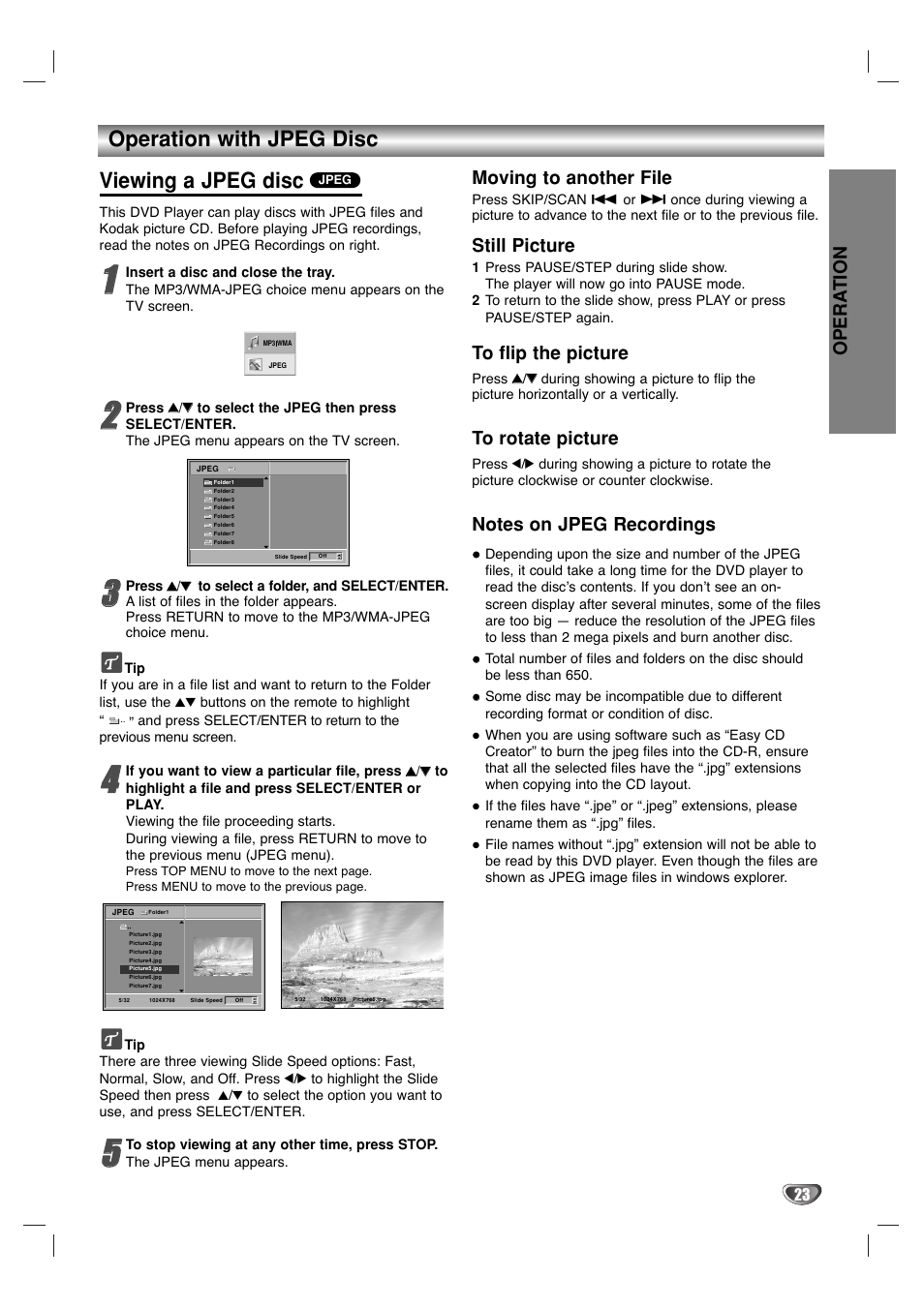 Viewing a jpeg disc, Operation with jpeg disc, Opera tion | Moving to another file, Still picture | Marantz VC5400/PMD970 User Manual | Page 23 / 31