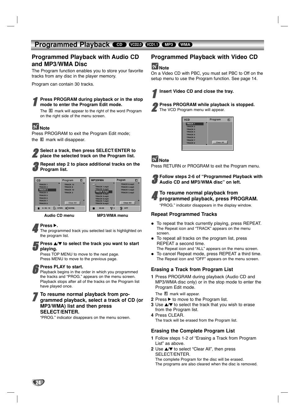 Programmed playback, Programmed playback with audio cd and mp3/wma disc, Programmed playback with video cd | Marantz VC5400/PMD970 User Manual | Page 24 / 31