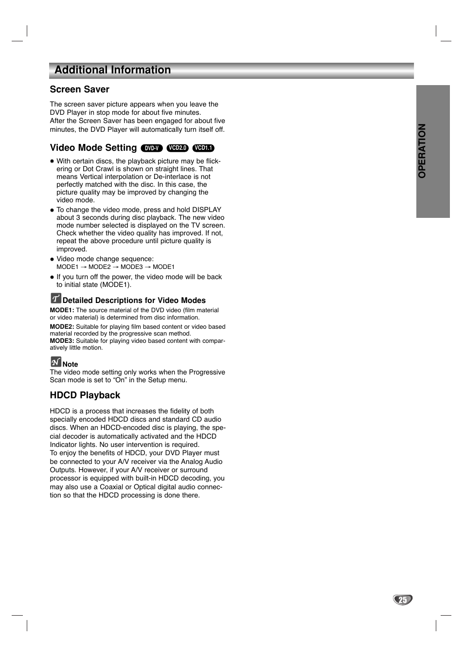 Additional information, Opera tion, Screen saver | Video mode setting, Hdcd playback | Marantz VC5400/PMD970 User Manual | Page 25 / 31