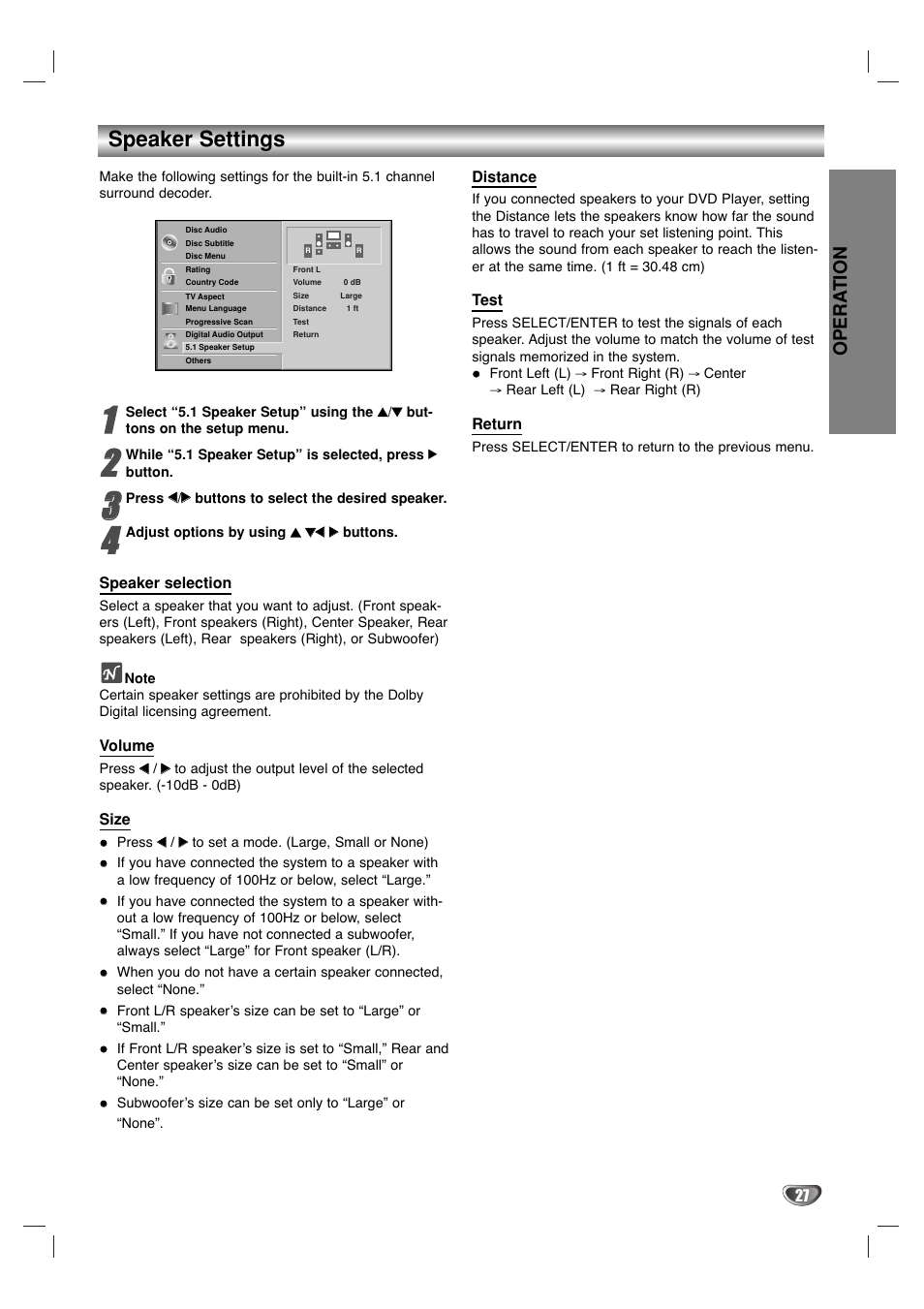 Speaker settings, Opera tion | Marantz VC5400/PMD970 User Manual | Page 27 / 31