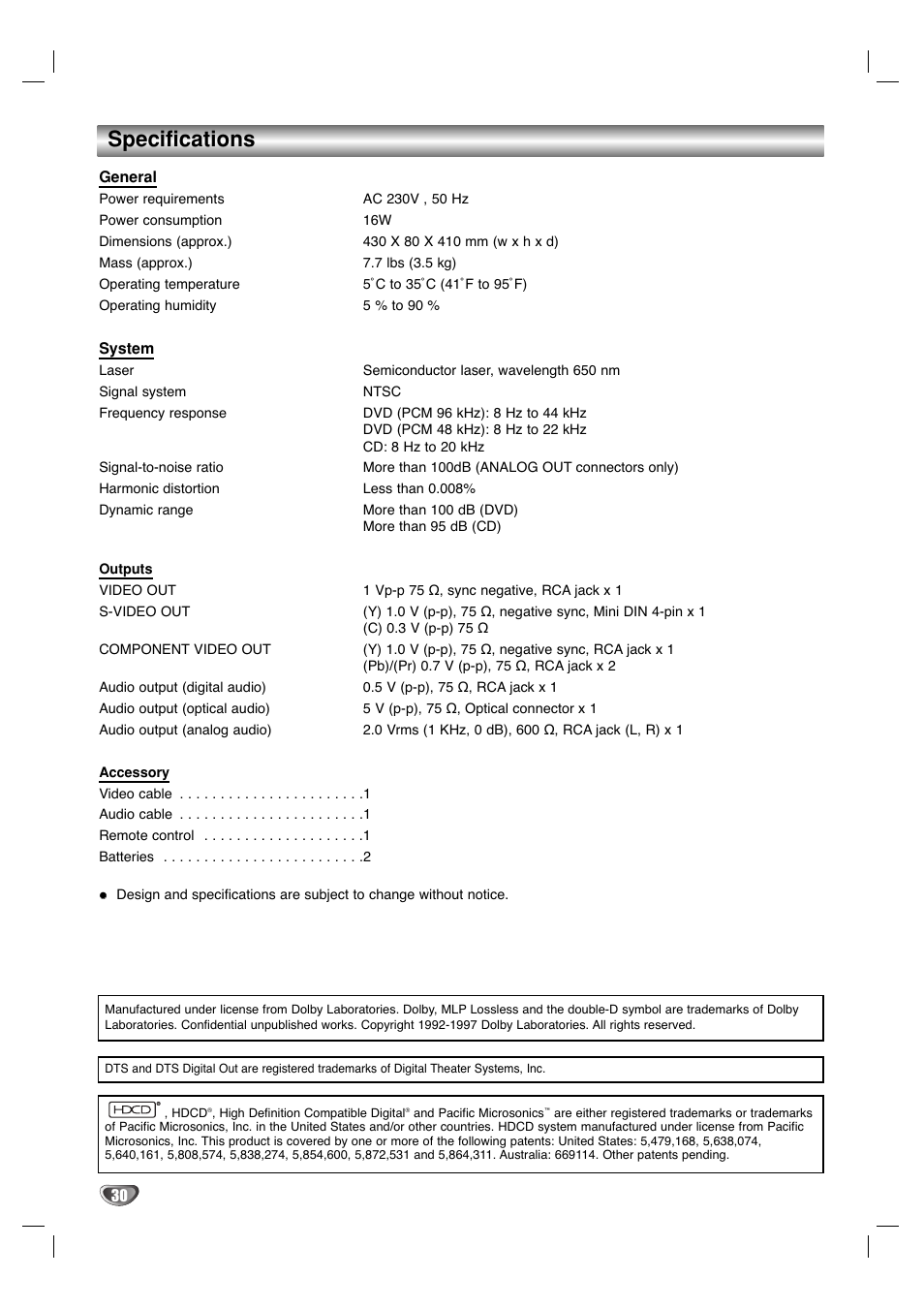Specifications | Marantz VC5400/PMD970 User Manual | Page 30 / 31