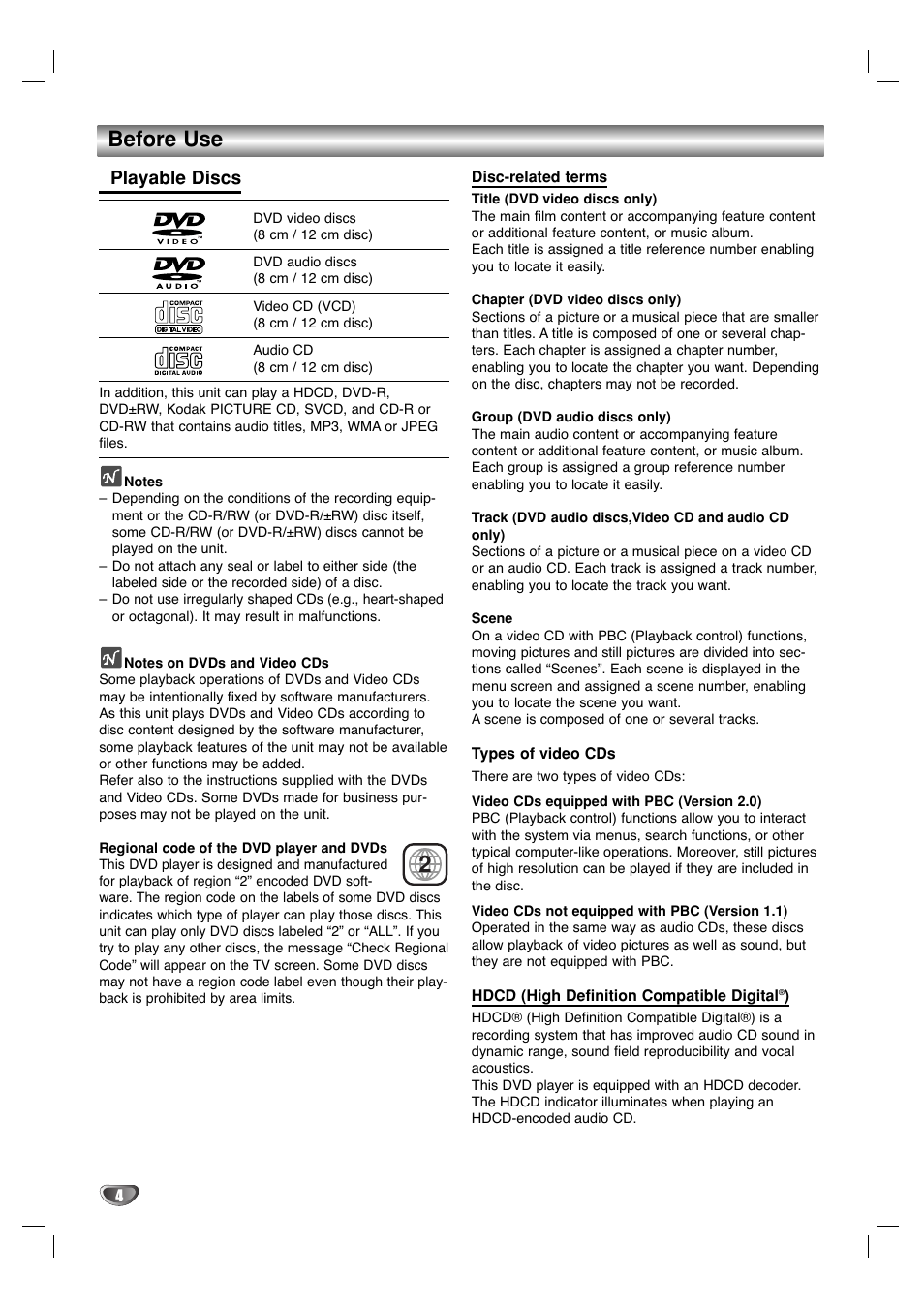 Before use, Playable discs | Marantz VC5400/PMD970 User Manual | Page 4 / 31
