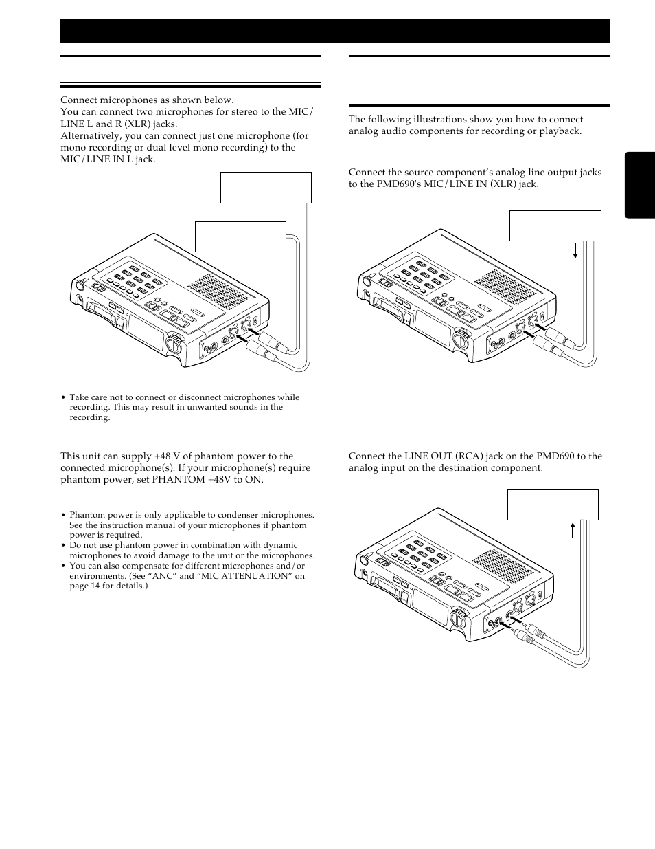 Connecting analog components, Connecting microphones, Setting up | Marantz PMD690 User Manual | Page 11 / 37