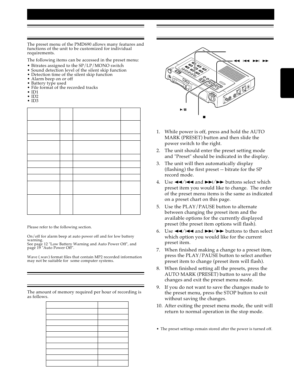 Preset items, Recording time, Preset operation | Preset menu | Marantz PMD690 User Manual | Page 13 / 37