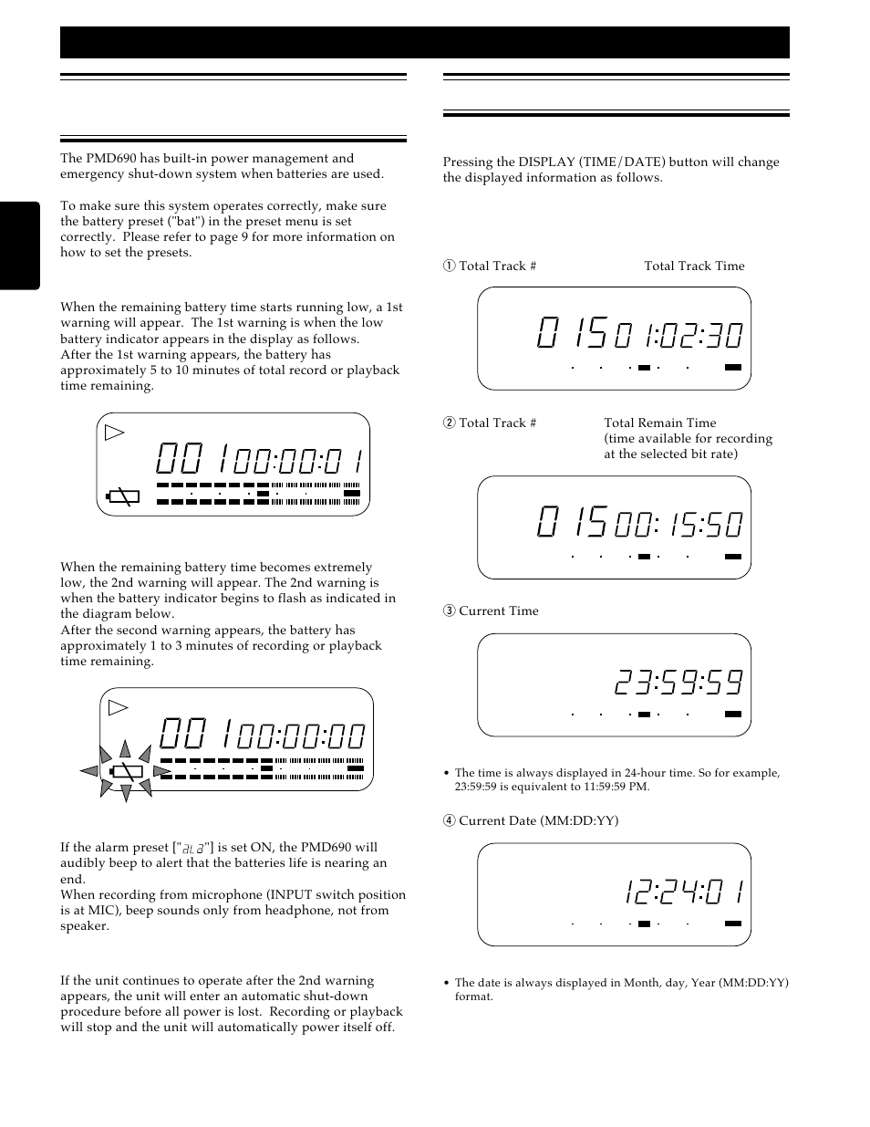 Low battery warning and auto power off, Display selections, General function | Changing the displayed information, During stop mode, English, R current date (mm:dd:yy) | Marantz PMD690 User Manual | Page 16 / 37