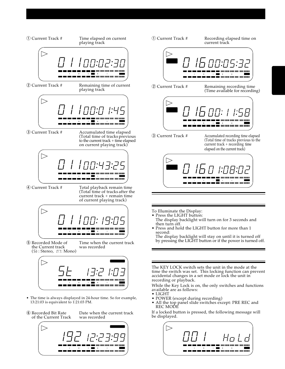 Display backlight, Key (button) lock, General function | During playback and play-pause, During recording and record-pause, English | Marantz PMD690 User Manual | Page 17 / 37