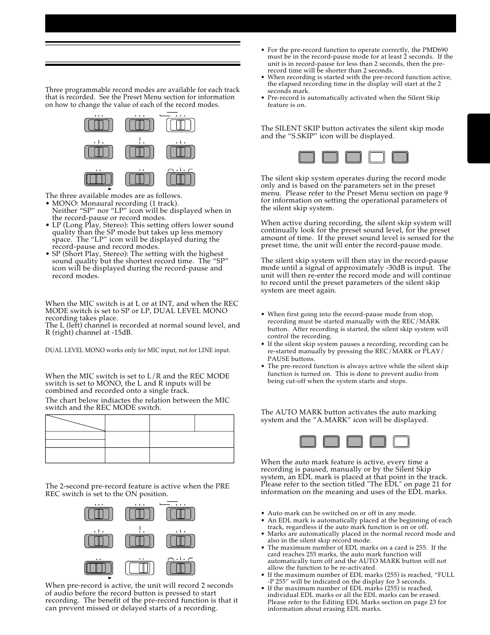 Record settings, Recording, Rec mode | Dual level mono, L/r mix mono, Pre rec, Silent skip, Auto mark, English | Marantz PMD690 User Manual | Page 19 / 37