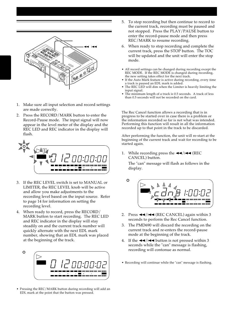 Recording operation, Recording, Basic procedure | Rec cancel | Marantz PMD690 User Manual | Page 20 / 37