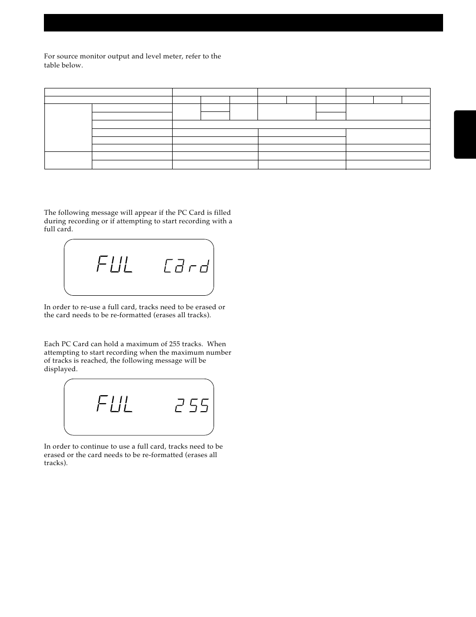 Recording, Full cards, Maximum number of tracks | Source monitor | Marantz PMD690 User Manual | Page 21 / 37