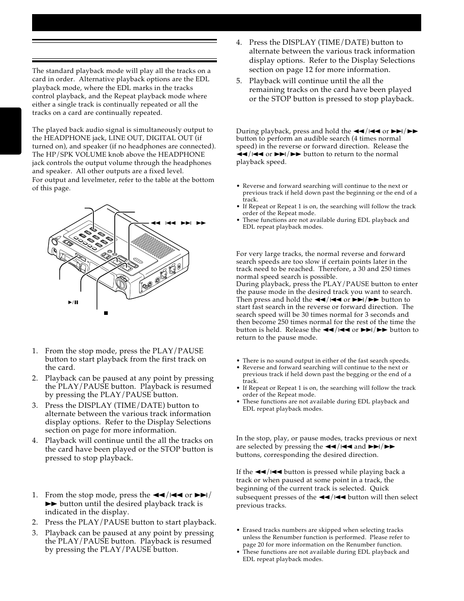 Playback, Playback and editing, Basic procedure | Starting playback from a selected track, Reverse and forward search, Fast reverse and forward search, Selecting tracks | Marantz PMD690 User Manual | Page 22 / 37