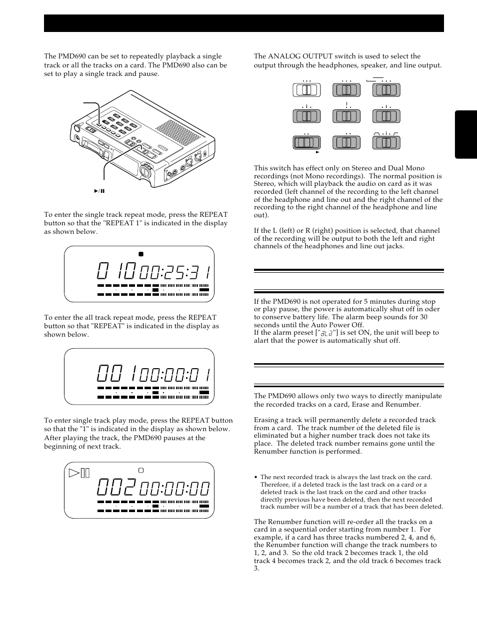 Track editing, Auto power off, Playback and editing | Repeat play, single track play, Output selection, English | Marantz PMD690 User Manual | Page 23 / 37