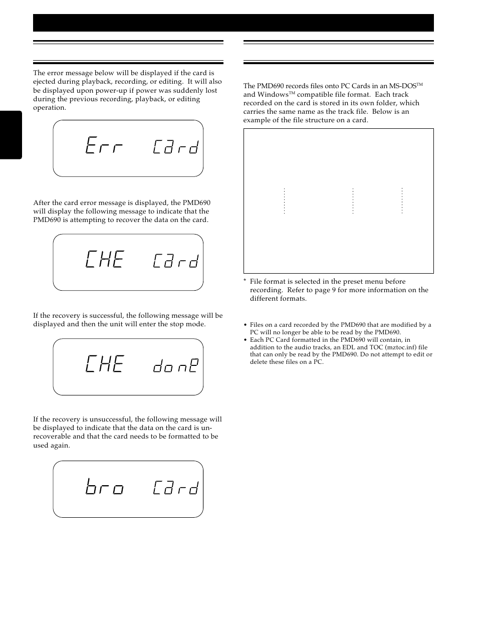 Error messages, File structure, Additional information | Marantz PMD690 User Manual | Page 30 / 37