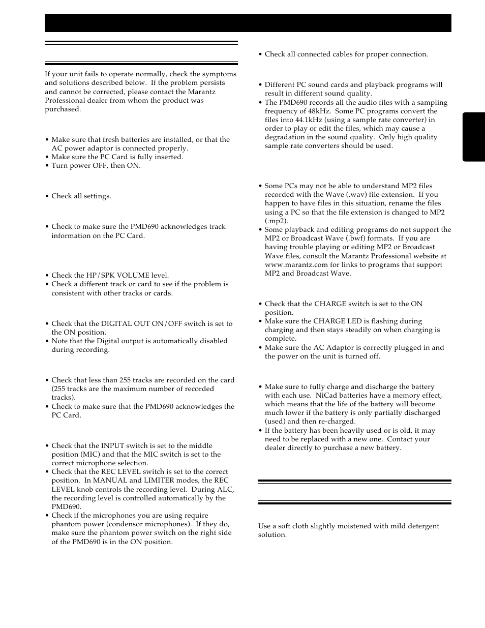 Troubleshooting, Care and maintenance, Additional information | Marantz PMD690 User Manual | Page 31 / 37