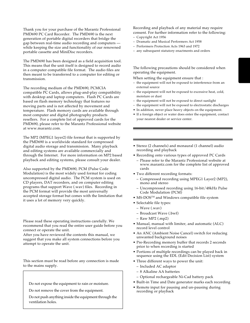 Features, Setting up, Introduction | Using this manual, Foreword, Precautions | Marantz PMD690 User Manual | Page 5 / 37