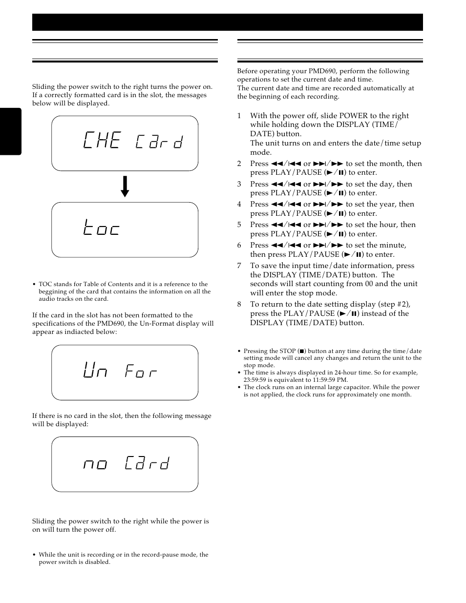 Power on/off, Setting the date and time, Setting up | Marantz PMD690 User Manual | Page 8 / 37