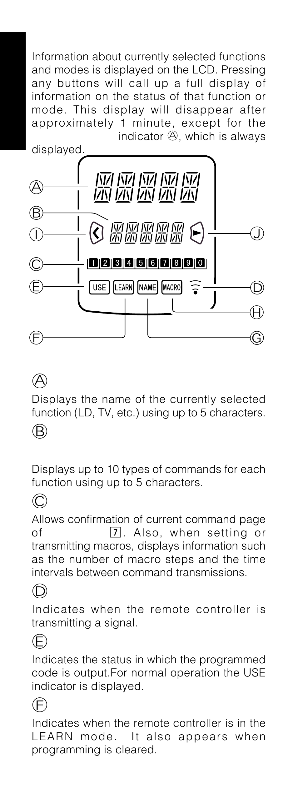 Lcd (liquid crystal display), Afunction name indicator, Bcommand name indicator | Ccommand page indicator, Dtransmission indicator, Euse indicator, Flearn indicator | Marantz RC1200 User Manual | Page 7 / 47