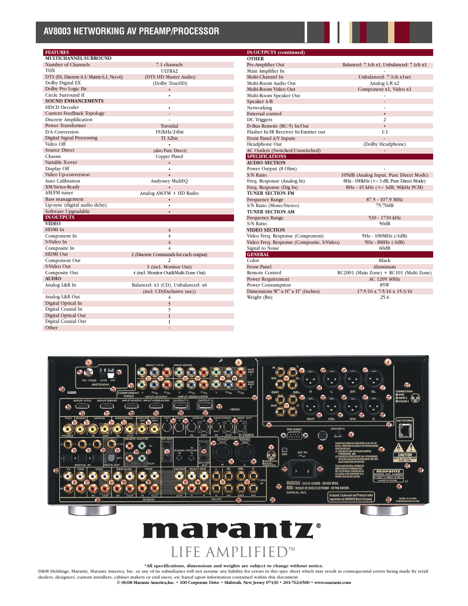 Life amplified, Av8003 networking av preamp/processor | Marantz AV8003 User Manual | Page 3 / 5