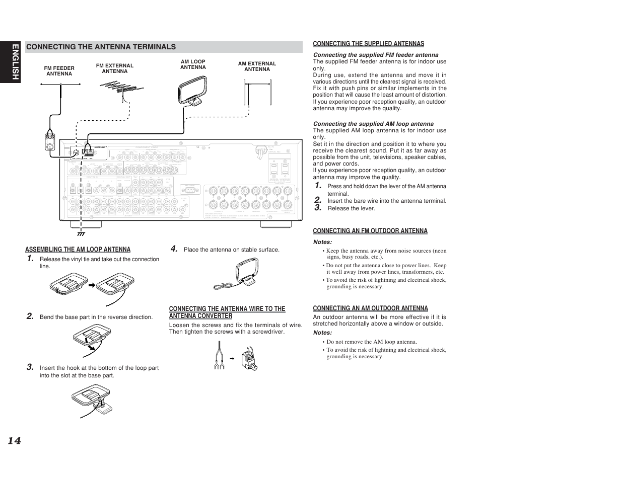 Out in, Dvd in out, Moni.out tv out in cb | Pb cr, Pr cr, Pr cb, Pb cb, English, Connecting the antenna terminals, Assembling the am loop antenna | Marantz SR6400 User Manual | Page 17 / 38