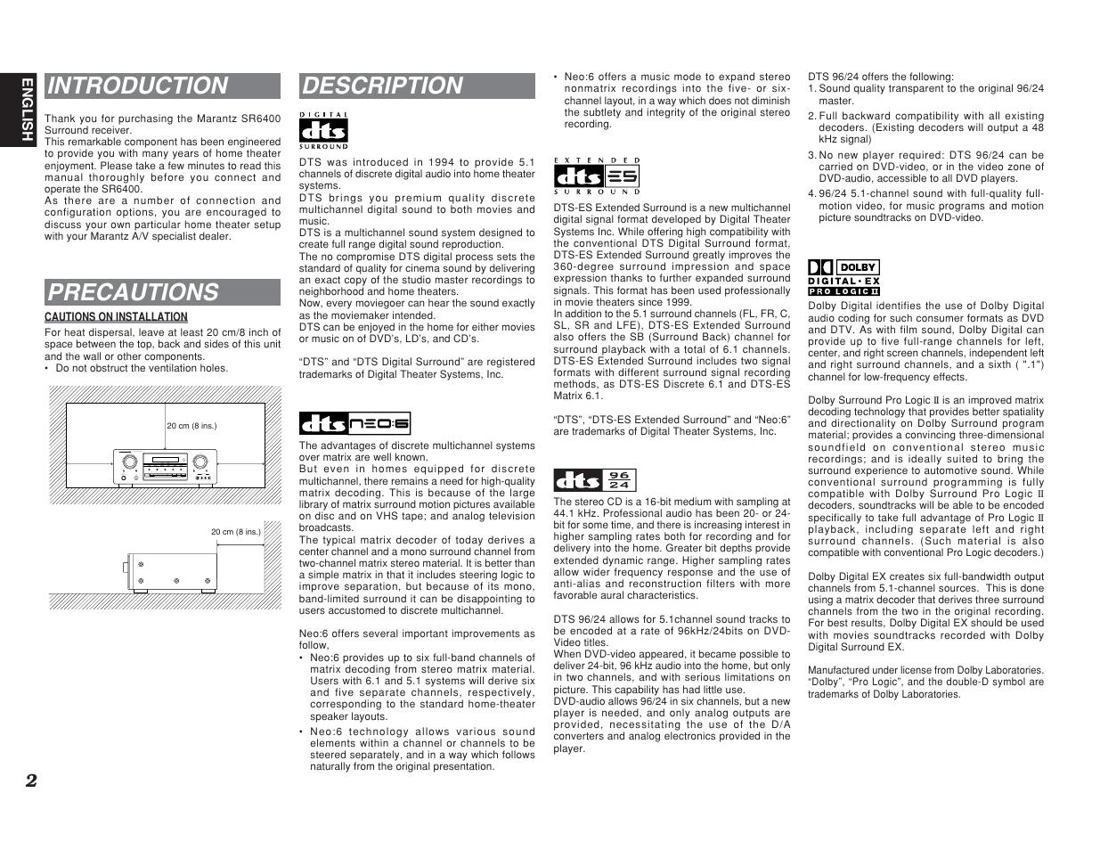 Introduction, Precautions, Description | Marantz SR6400 User Manual | Page 5 / 38