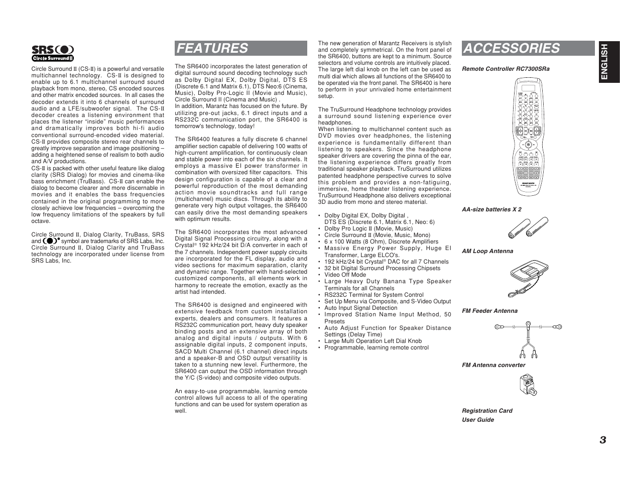 Features, Accessories | Marantz SR6400 User Manual | Page 6 / 38