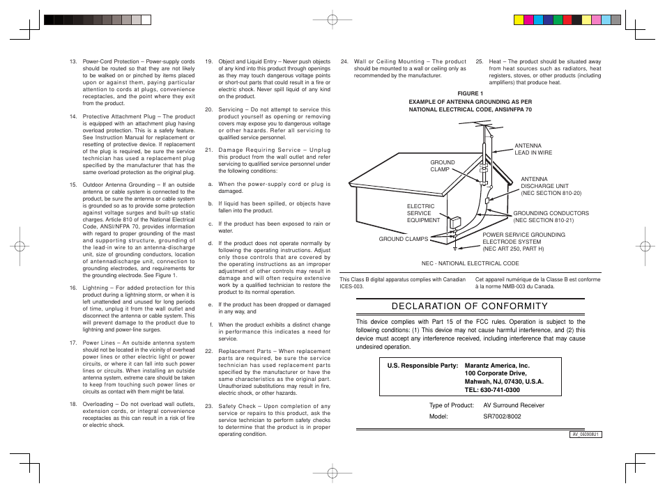 Declaration of conformity | Marantz SR8002 User Manual | Page 3 / 94