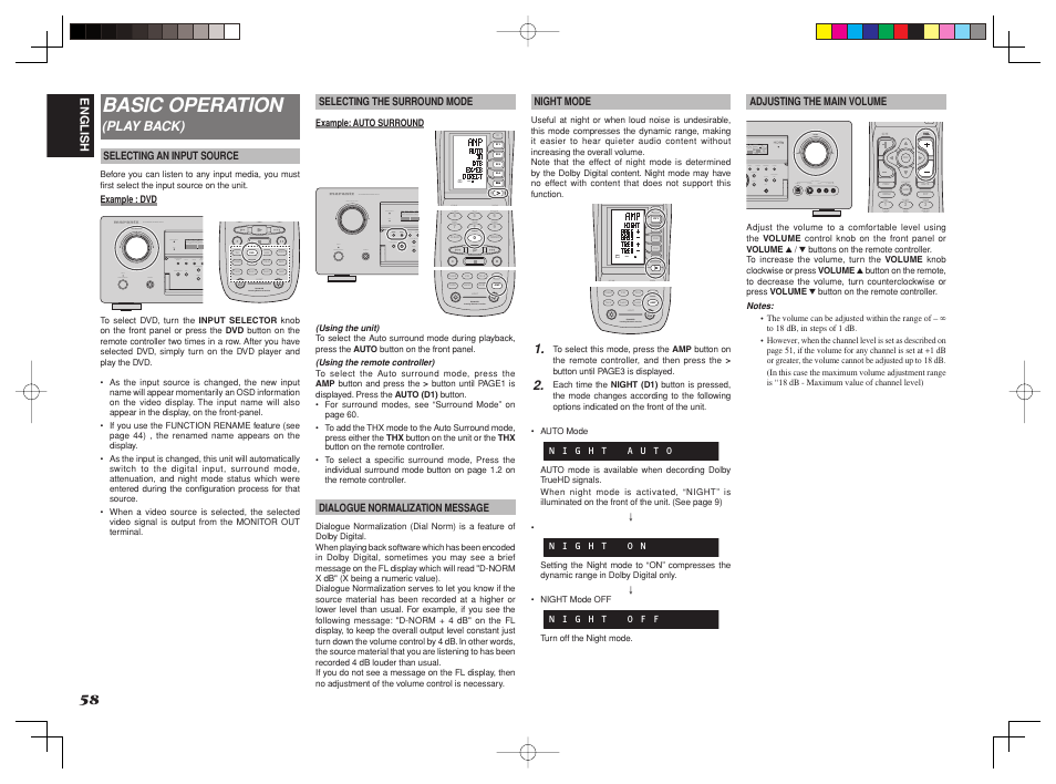 Basic operation, Learning remote controller rc8001sr, Learn name macro use page 1 2 3 4 | Test ch.sel lip.sync surr 7.1ch att spk-ab, 1ch att spk-ab disp osd sleep, Learn name use page 1 2 3 4 | Marantz SR8002 User Manual | Page 61 / 94