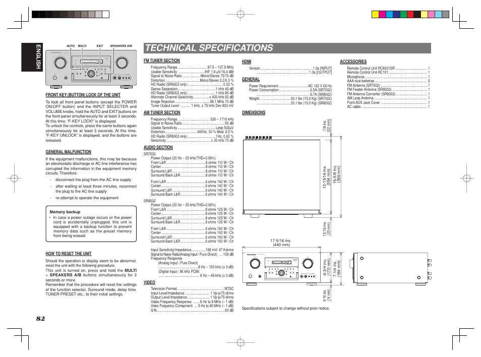 Technical specifications | Marantz SR8002 User Manual | Page 85 / 94