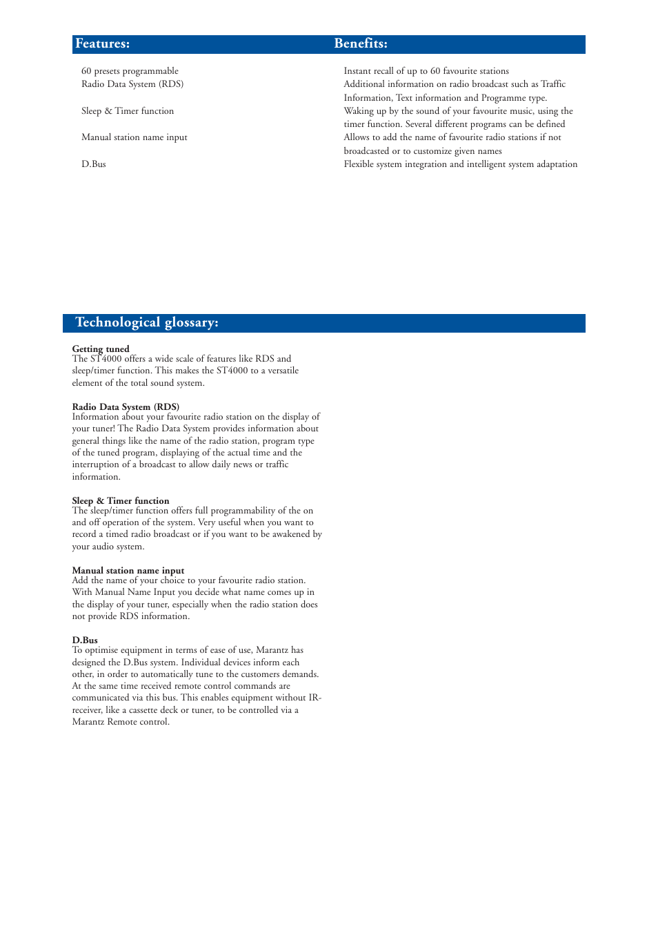 Technological glossary, Benefits: features | Marantz STEREO TUNER ST4000 User Manual | Page 2 / 4