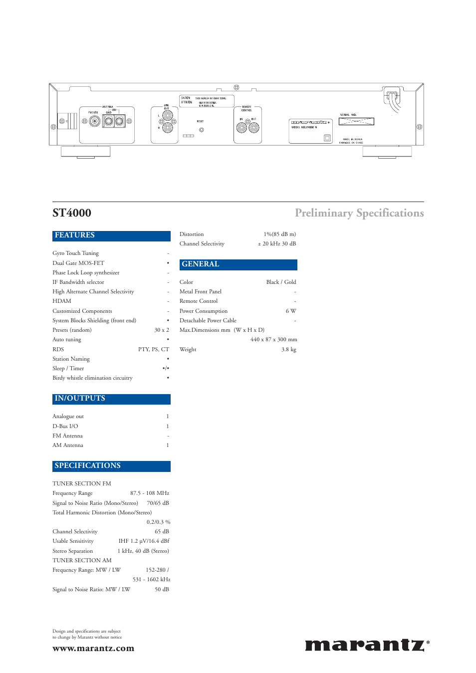 St4000, Preliminary specifications | Marantz STEREO TUNER ST4000 User Manual | Page 4 / 4