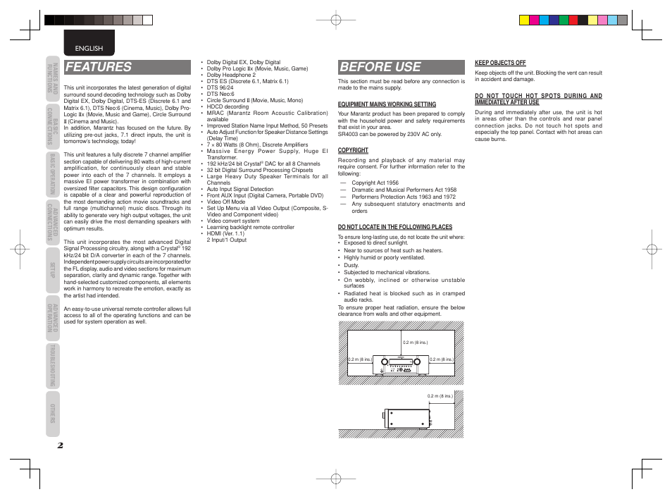 Features, Before use | Marantz SR4003 User Manual | Page 6 / 50