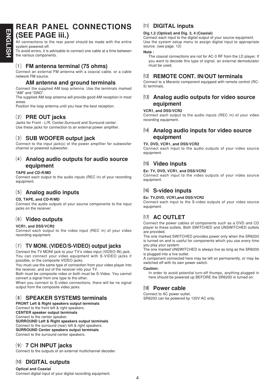 Rear panel connections (see page iii.), English | Marantz SR6200 User Manual | Page 11 / 31