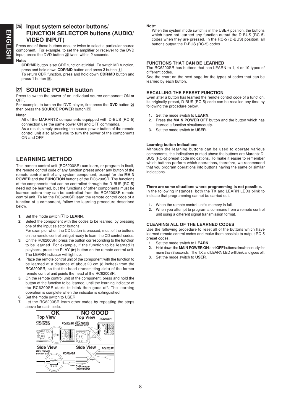 English, 7 source power button, Learning method | Ok no good | Marantz SR6200 User Manual | Page 15 / 31