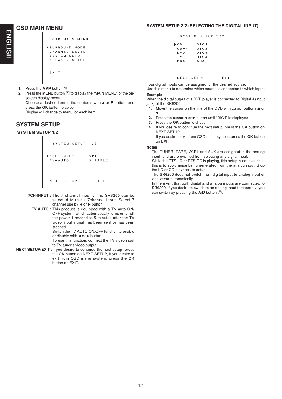 English, Osd main menu, System setup | Marantz SR6200 User Manual | Page 19 / 31