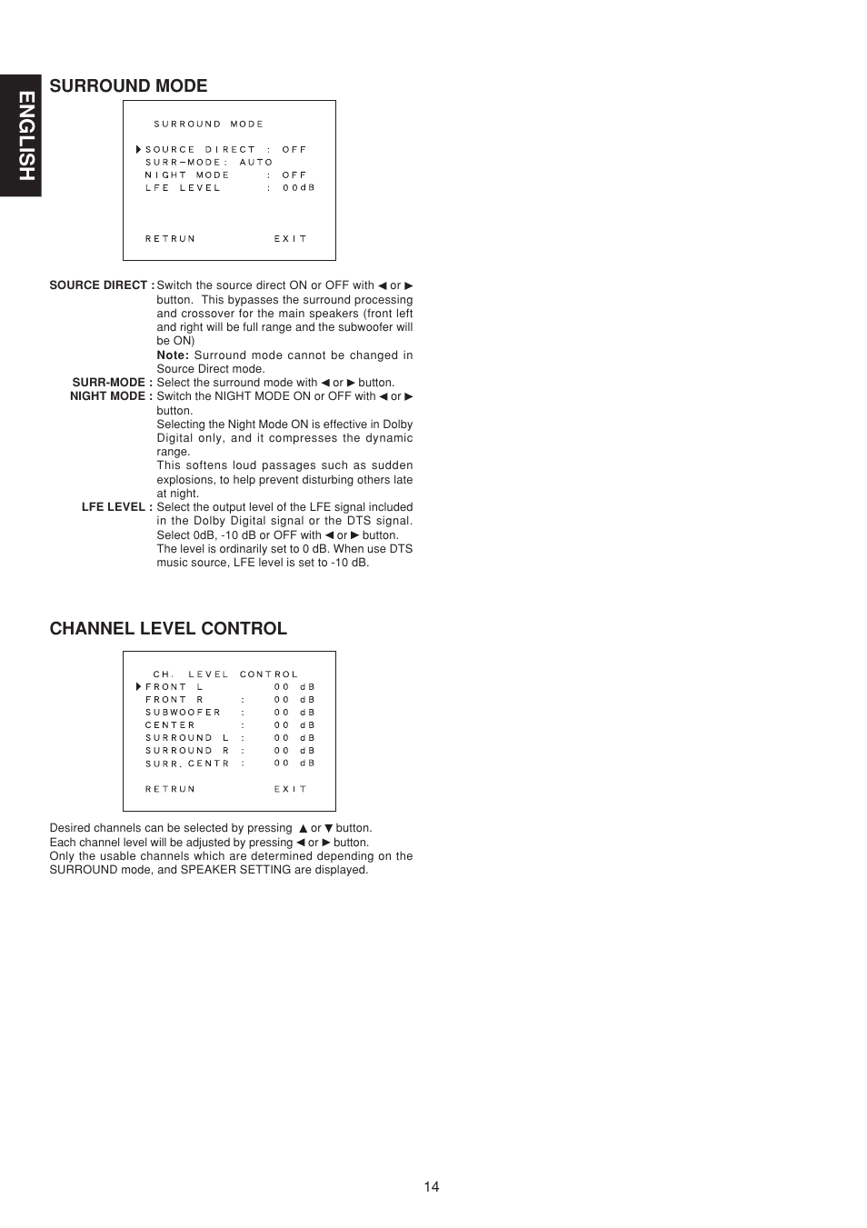 English, Surround mode, Channel level control | Marantz SR6200 User Manual | Page 21 / 31