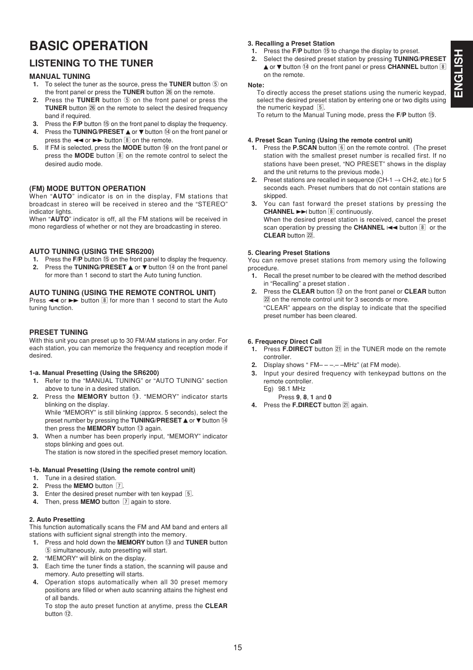 Basic operation, English, Listening to the tuner | Marantz SR6200 User Manual | Page 22 / 31