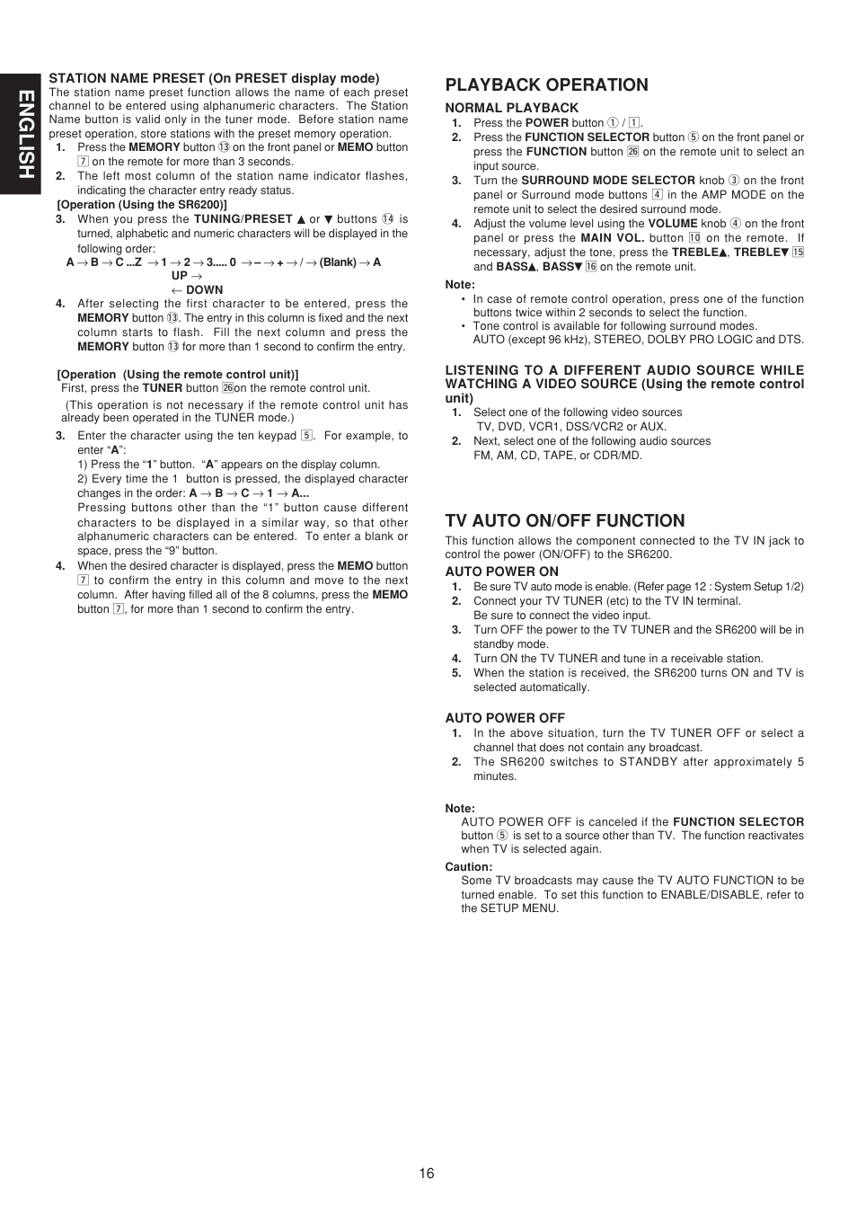 English, Playback operation, Tv auto on/off function | Marantz SR6200 User Manual | Page 23 / 31