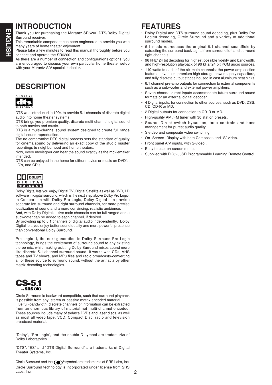 Introduction, Description, Features | English | Marantz SR6200 User Manual | Page 9 / 31