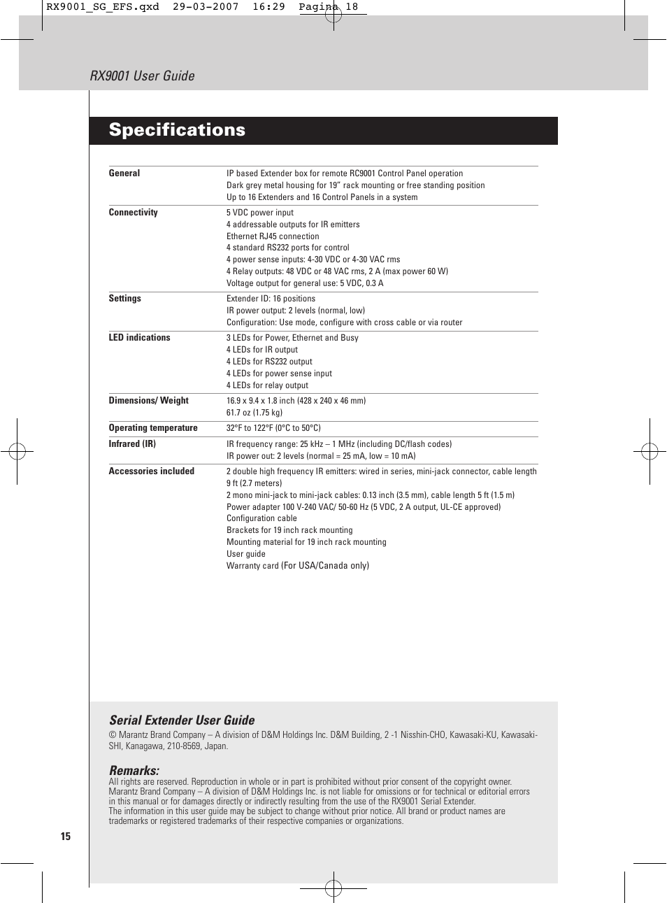 Specifications, Rx9001 user guide, Serial extender user guide | Remarks | Marantz RX9001 User Manual | Page 18 / 25