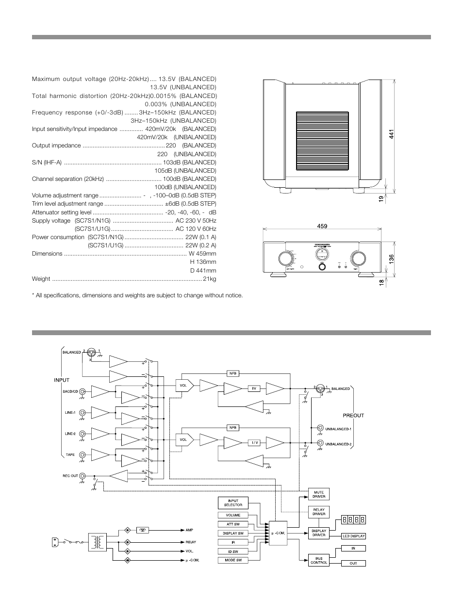 Specification, Block diagram, Dimensions | Marantz SC-7S1 User Manual | Page 22 / 25