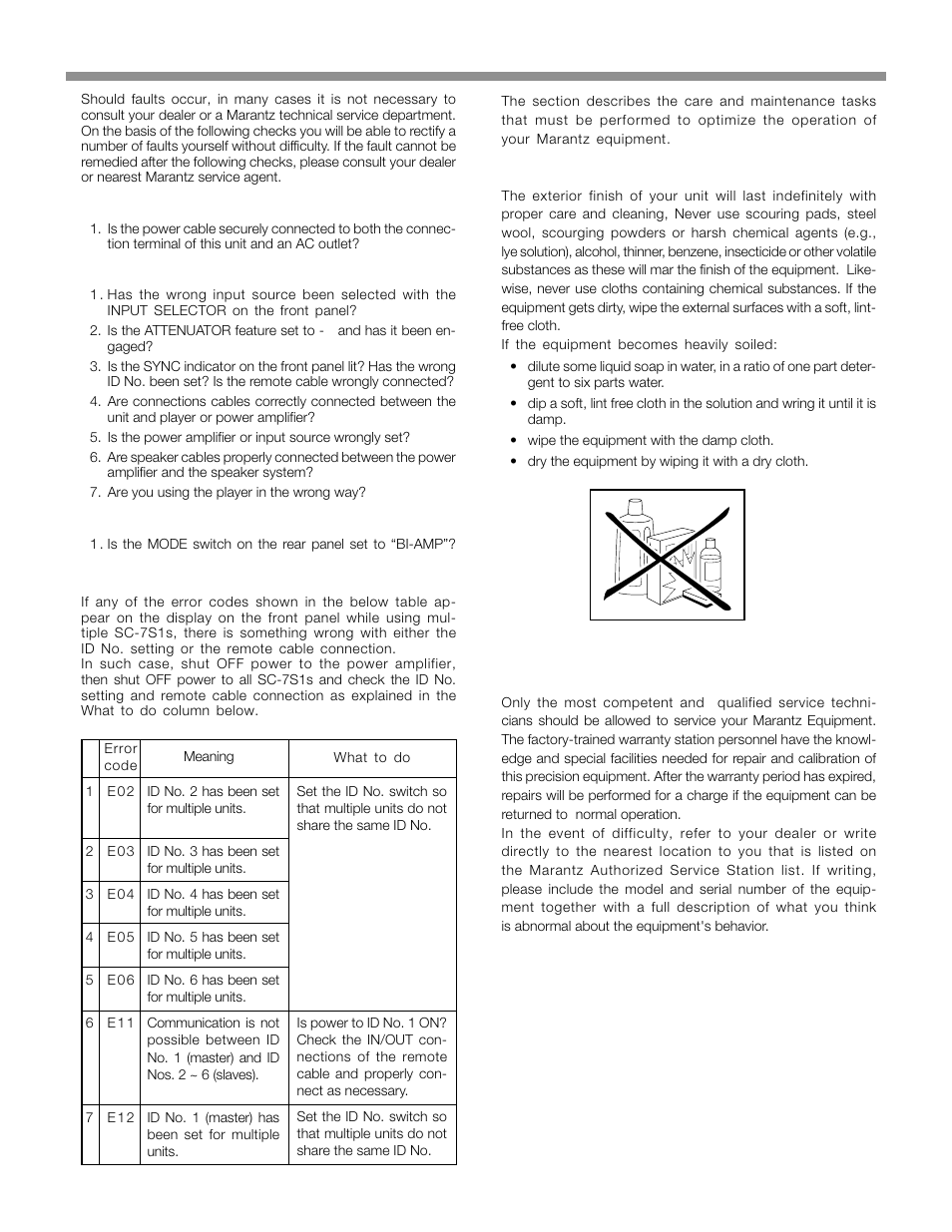 Trouble shooting, Maintenance, About error codes | Marantz SC-7S1 User Manual | Page 23 / 25