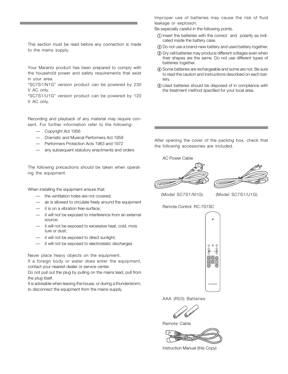 Accessories, Instruction for use, How to use batteries | Foreword, Equipment mains setting, Copyright, Precautions, General precautions | Marantz SC-7S1 User Manual | Page 5 / 25